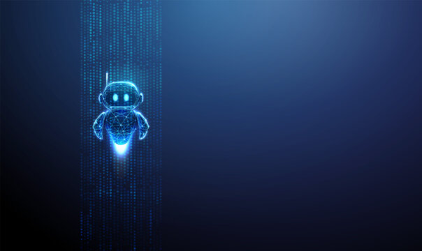 3d blue robot inside vertical stream of data points. AI data processing, machine learning flow, real-time analytics, intelligent system operation, automated data pipelines concept