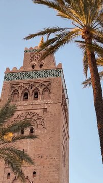 Koutoubia Mosque tower surrounded by palm trees in Marrakesh