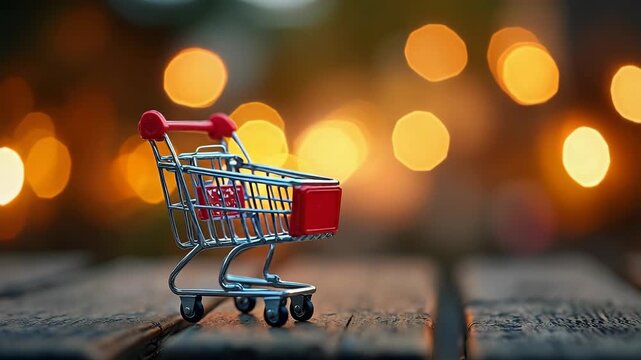 The shopping cart miniature on a wooden surface with bokeh city lights background.