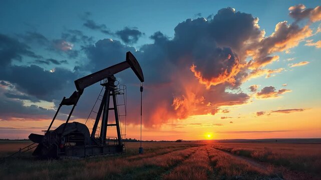 Scenic landscape with an oil pumpjack silhouetted against a colorful sunset sky. The vibrant clouds and golden sunlight highlight the industrial scene in a rural field.
