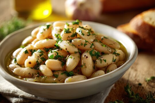 Close-up of cannellini beans in a glossy olive oil sauce in a ceramic bowl