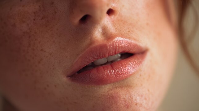 Close-up of lips in mid-speech: intimate mouth movement toward the camera with soft lighting