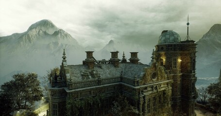 twilight imperial stronghold with lanterns, grand rooftop profile and ornate gables, warm interior lights peeking through stone, mist hugging mountain slopes, © icetray