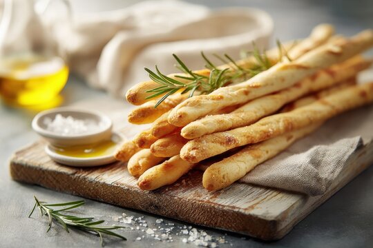 Close-up of traditional Italian grissini breadsticks on a rustic wooden board with olive oil and sea salt