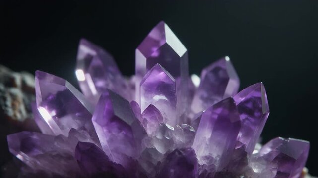 Macro shot of purple amethyst crystals with light reflections