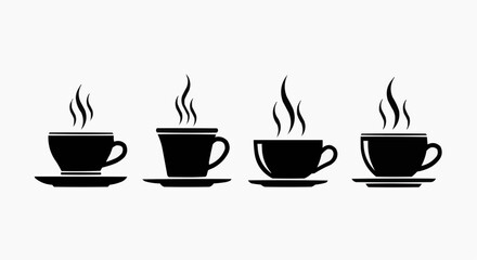 Fototapeta premium Minimalist Coffee Cup Icons Set, Black Silhouette Steaming Tea Mugs with Saucers, Flat Vector Illustration Isolated on White Background