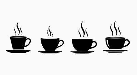 Fototapeta premium Minimalist Coffee Cup Icons Set, Black Silhouette Steaming Tea Mugs with Saucers, Flat Vector Illustration Isolated on White Background