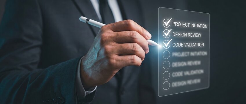 Project initiation and code validation process corporate office digital checklist professional environment close-up view business optimization strategies