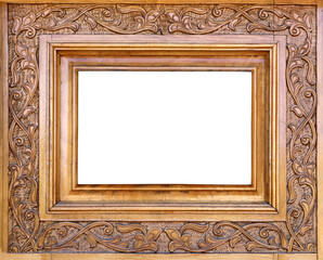 Wooden frame with islamic ornament. Antique wood backdrop with oriental ornaments. Traditional moroccan wood carving shutter with floral decor. Copy space for text. Isolated on white