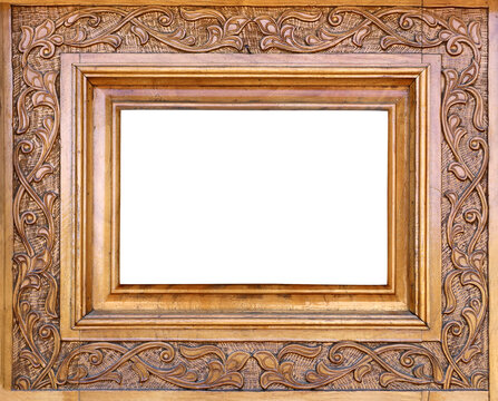 Wooden frame with islamic ornament. Antique wood backdrop with oriental ornaments. Traditional moroccan wood carving shutter with floral decor. Copy space for text. Isolated on white