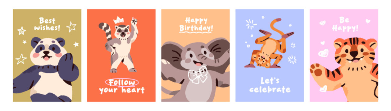 Designs of greeting cards with cute dancing animals set. Funny templates of festive postcards with happy anthropomorphic characters having fun with music at birthday party. Flat vector illustrations