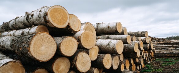 Naklejka premium Split birch logs and lumber sections stacked from forestry and milling operations.