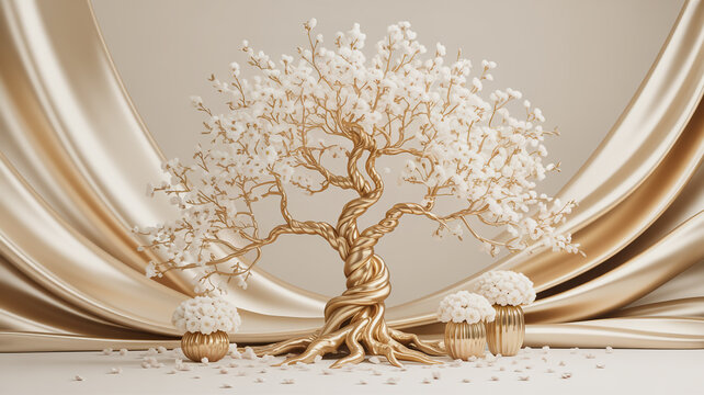 A golden tree with white flowers in a room