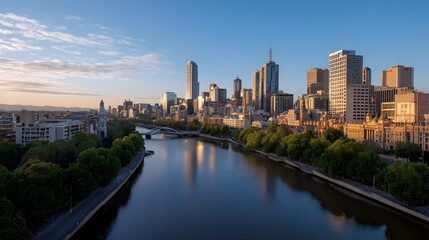 Obraz premium A vibrant urban skyline at sunrise featuring towering skyscrapers and a serene river reflecting the warm golden light of dawn