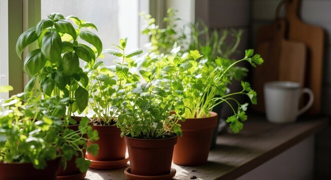 Assortment of Fresh Herbs Growing in Pots on a Sunny Windowsill.