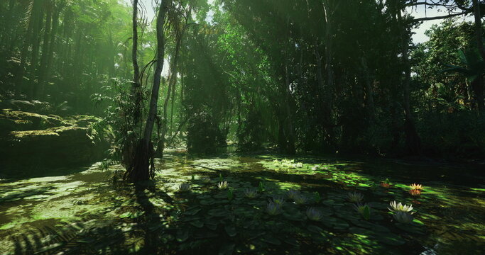 sundappled swamp floor with scattered light patches and lush vegetation lively green palette and textured ground offer fresh, optimistic atmosphere