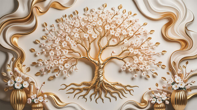 A gold tree with white flowers and vases on a white background