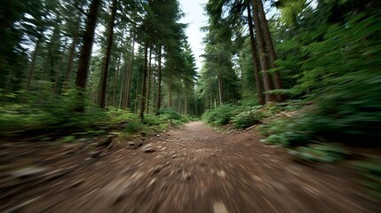 Fototapeta premium Dynamic motion blur on a forest path conveying speed and immersion in nature