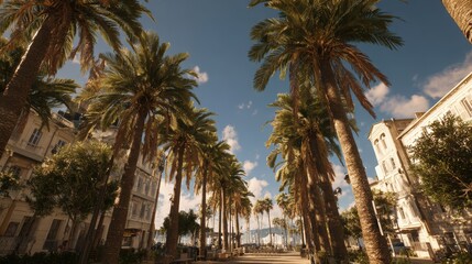 Fototapeta premium A sunny, wide promenade lined with tall palm trees and historic buildings under a beautiful blue sky, evoking a feeling of vacation and relaxation.
