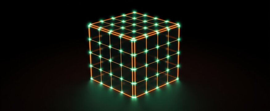 Futuristic geometric design features an abstract neon glass green and orange wireframe cube of dots and lines.