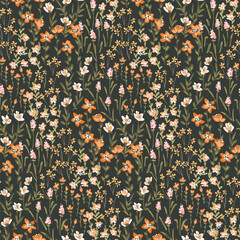Naklejka premium Cute hand painted colorful ditsy florals as a maximalist millefleurs garden design in colors of orange, yellow, white, pink and green on black. Botanical seamless vector pattern. Great for home decor.