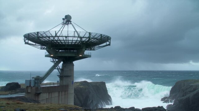 A large satellite dish on a concrete base stands on a rocky coastline with turbulent waves and a stormy sky in the background.