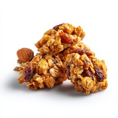 Obraz premium Healthy homemade granola bites with rolled oats, raisins, and hazelnuts. A delicious and crunchy energy snack isolated on a white background.