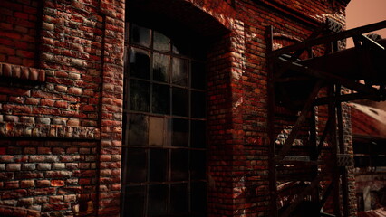 In the twilight hour, an old brick factory stands in silence. Its weathered walls reveal layers of history, while scaffolding hints at plans for restoration or decay. © icetray