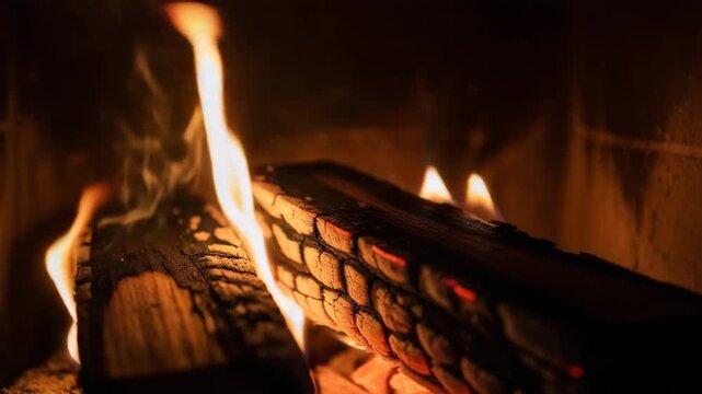 Burning logs with flames in a cozy fireplace setting  