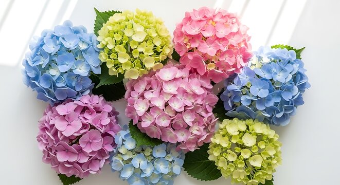 A top view of colorful hydrangea flowers in blue pink and green on a white surface with soft lighting ai generated