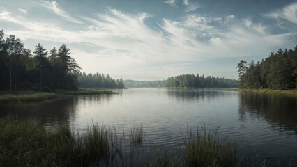 Fototapeta premium Serene Lake Landscape with Calm Water and Lush Greenery under a Clear Sky