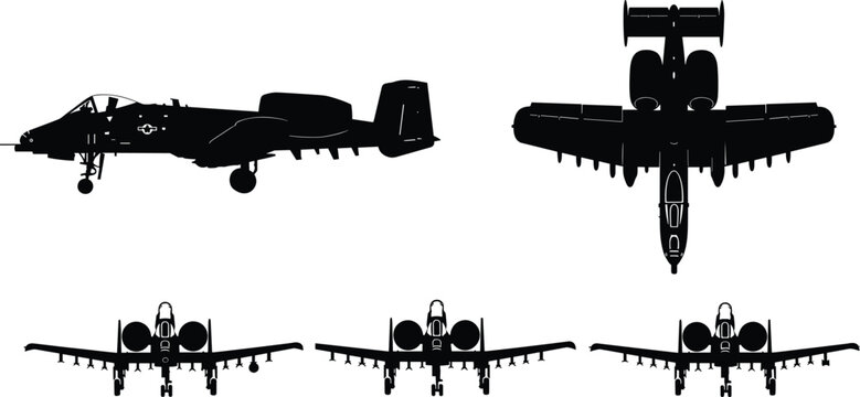 Silhouettes of military A-10 fighter jets shown from top side and front views isolated on white background for aviation concept