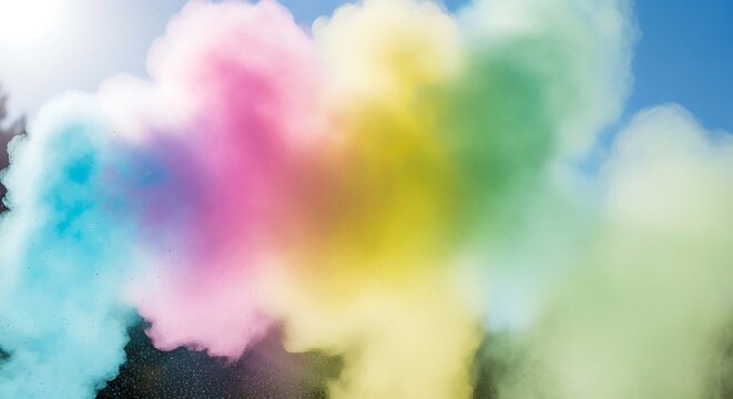 Vibrant colorful smoke explosion in bright blue sky