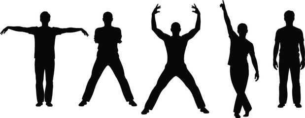 Silhouettes of men posing as human letters spelling the word taxi on white background for transportation and creative typography concept © fulbabu