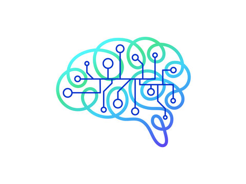 Digital brain logo with AI technology connections. Modern line art icon representing artificial intelligence, neural network and innovative mindset in abstract vector style. Vector graphic symbol
