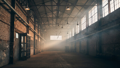 Fototapeta premium An empty industrial warehouse with large windows and sunlight streaming in.