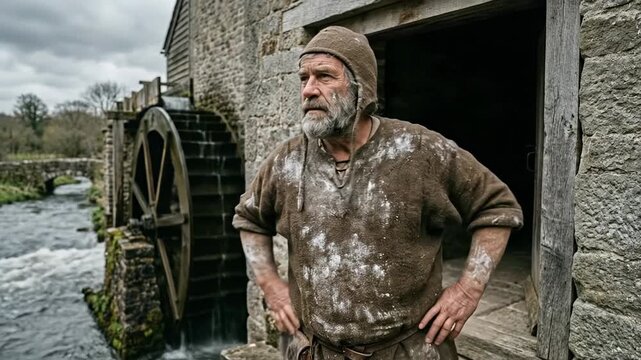 Rugged older bearded medieval miller covered in white flour standing proudly outside a rustic stone mill beside an old wooden water wheel by a flowing river in historical countryside
