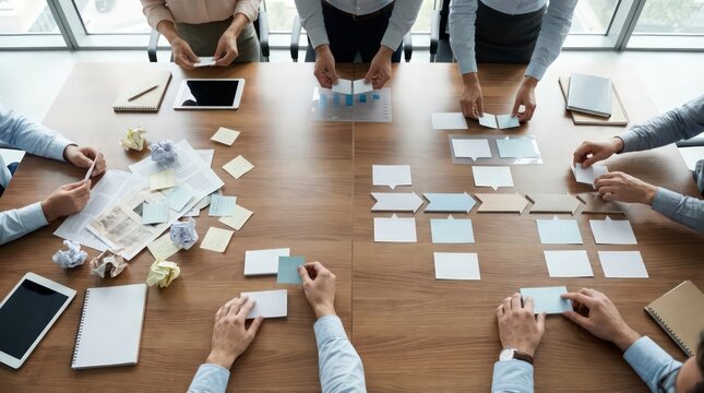 Overhead corporate strategy reset workshop with team hands turning messy paperwork into a clean roadmap using modular cards in a modern office