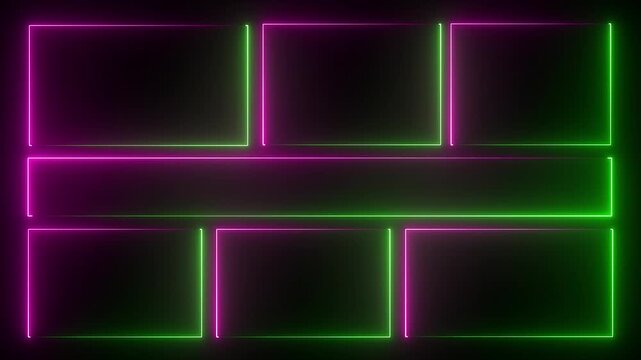 Square neon rectangle picture frame icon animation glowing neon light green and pink color display neon box rotation footage shape round seamless border retro movement on black background. 4k video.