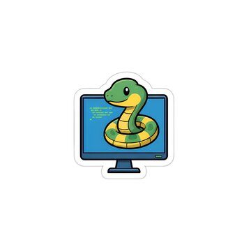 Cute Cartoon Snake Mascot Emerging from Computer Monitor with Code, Python Programming and Software Development Sticker, Playful 3D Render Illustration for Tech Brandin