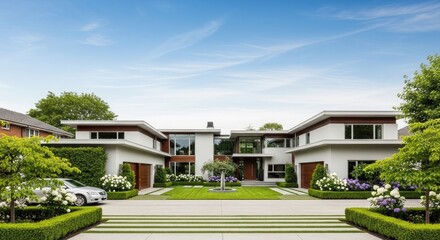 Fototapeta premium Modern two story white house with lush landscaping and driveway