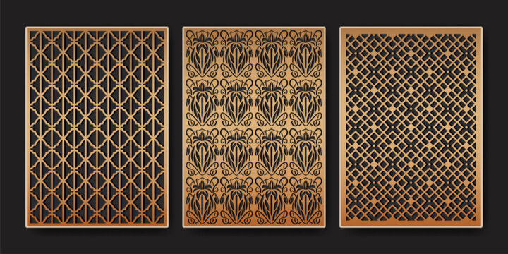 Laser cut geometric patterns, abstract vector backgrounds. Cnc wood panels, stencils, and modern decorative wall art with ornamental fretwork design elements, elegant border templates, islamic frames