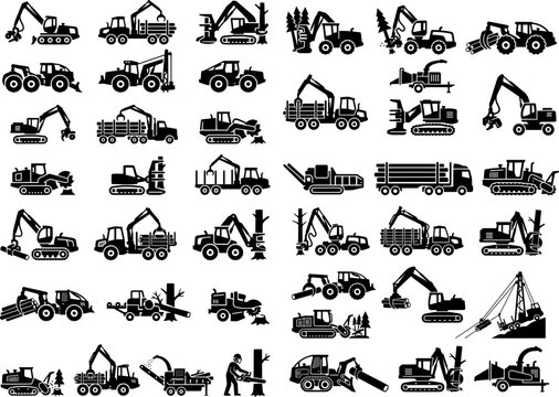 Forestry Machinery and Logging Equipment Silhouette Icon Set