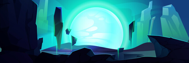 Alien planet landscape with rocky mountains and desert ground surface. Fantasy space vector background for game design. Futuristic scene, cosmic valley with flying rocks, galaxy and moon view. © klyaksun