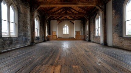 Fototapeta premium Panoramic view of a grand empty industrial loft space with exposed brick and wooden architecture