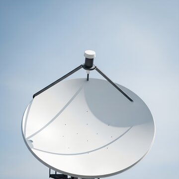 Satellite dish antenna for telecommunications, white parabolic receiver against blue sky, wireless communication technology for broadcasting and internet
