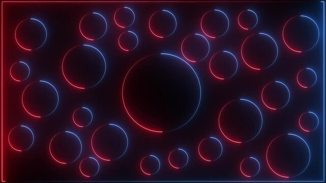 Glowing neon blue and red color circle frame with neon eclipse circle frame background icon animation circular loading rotation smooth footage game party effect round on black background. 4k video.