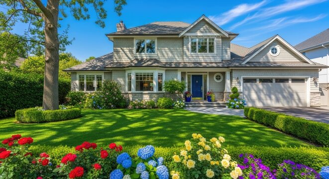Beautiful two story house with a well manicured lawn and vibrant garden
