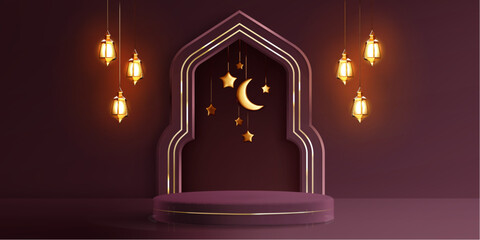Ramadan podium with golden arch, arabic lantern and moon. Purple background with gold crescent and stars for Eid Mubarak greeting cards, festive banners, or product displays © klyaksun