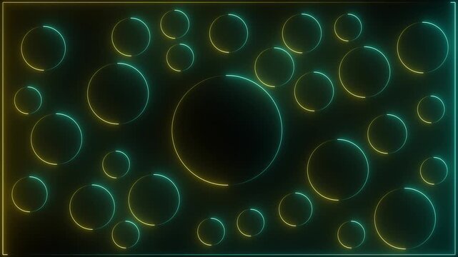Glowing neon yellow and mint color circle frame with neon eclipse circle frame background icon animation circular loading rotation smooth footage game party effect round on black background. 4k .
